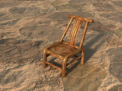 Natural Wooden Leisure Chair With Slatted Back On Rustic Stone Floor 3d model