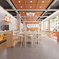 Modern Restaurant Interior With Orange Ceiling Wooden Tables Large Windows Menu Boards And Display Shelves