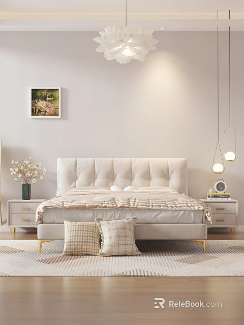 Cozy Background Double Bed In Light Bedroom With Nightstands And Wall Art 3d model 