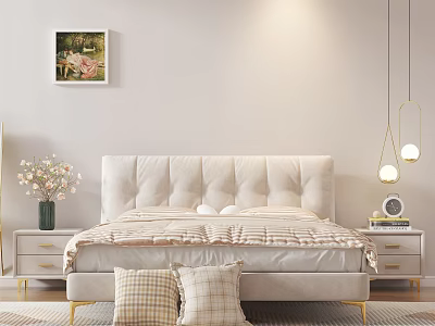 Cozy Background Double Bed In Light Bedroom With Nightstands And Wall Art 3d model