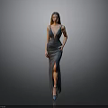 Elegant Woman in Deep Blue Gown with High Slit and High Heels on Gray Background