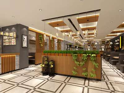 Modern Restaurant Interior With Wooden Counter Green Plants And Hanging Lights 3d model