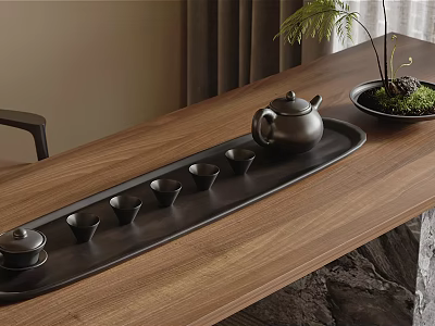 Black Ceramic Tea Set With Teapot And Small Cups On Wooden Tray And Decorative Plant 3d model