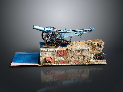 Vintage Blue Cannon Model Displayed On Brick Base With Blue Platform 3d model