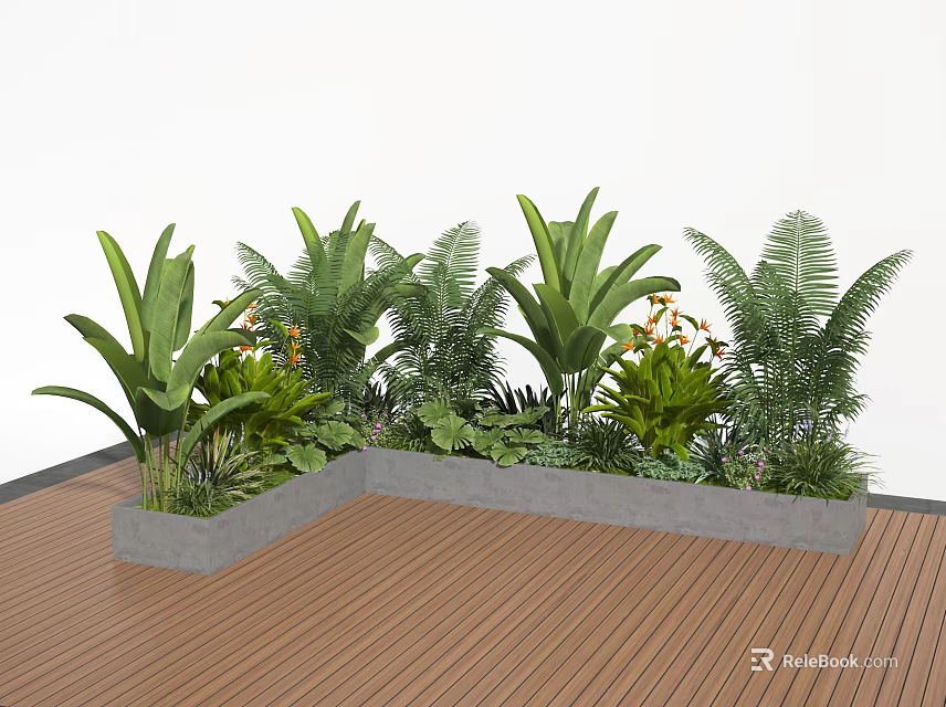 Tropical Plant Combination in Gray Planters on Wooden Deck with Large Leaves Ferns Orange Blooms 3d model 