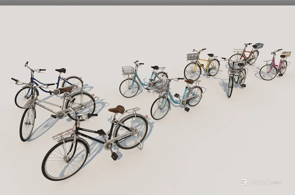 Various Stylish Bicycles in Different Colors Lined Up with Baskets and Classic Frames 3d model 