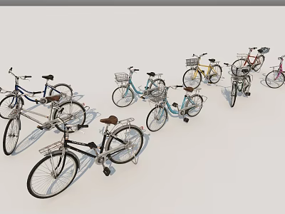 Various Stylish Bicycles in Different Colors Lined Up with Baskets and Classic Frames 3d model