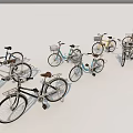 Various Stylish Bicycles in Different Colors Lined Up with Baskets and Classic Frames