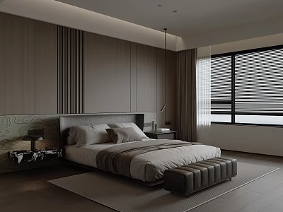 Modern Bedroom Interior Design With Wooden Panel Wall Bed Nightstand And Leather Ottoman 3d model