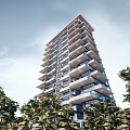 Modern High Rise Apartment Building With Glass Curtain Walls Balconies And Trees