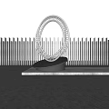 Modern Metal Ring Garden Ornament On Black Base By Pool With Water Reflection