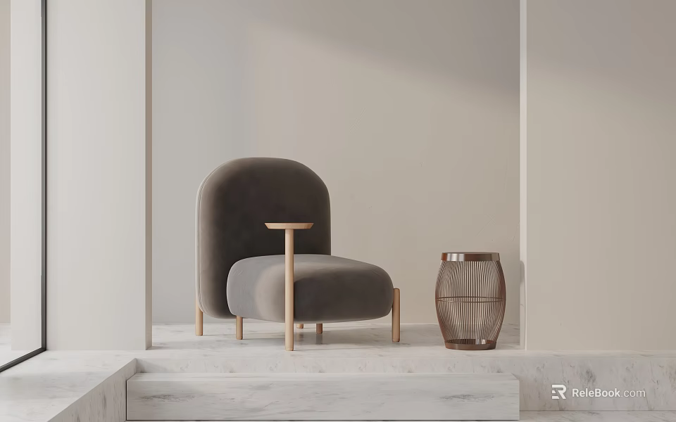 Elegant Gray Accent Chair With Velvet Upholstery And Wooden Legs In Minimalist Interior 3d model 