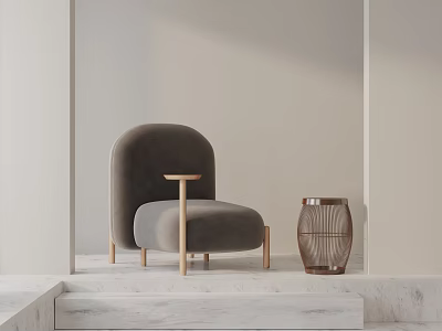 Elegant Gray Accent Chair With Velvet Upholstery And Wooden Legs In Minimalist Interior 3d model