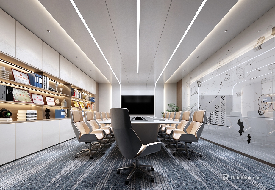Modern Conference Room Interior With Long Table Comfortable Chairs Bookshelves TV And Glass Wall Decorations 3d model 