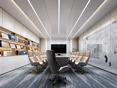 Modern Conference Room Interior With Long Table Comfortable Chairs Bookshelves TV And Glass Wall Decorations 3d model