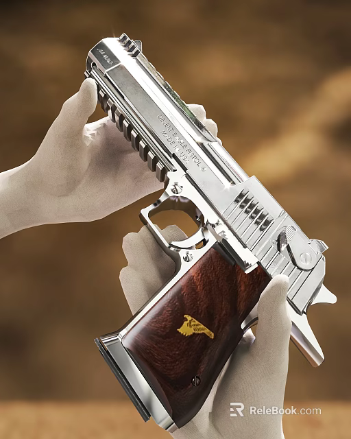 Silver Metal Pistol With Wooden Grip And Golden Emblem Held By White Gloved Hands 3d model 