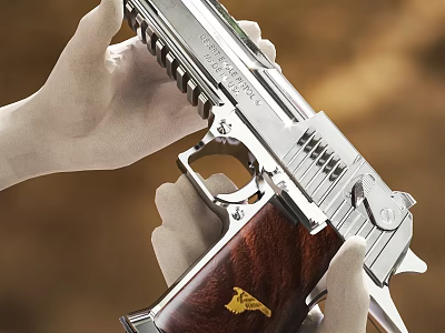 Silver Metal Pistol With Wooden Grip And Golden Emblem Held By White Gloved Hands 3d model