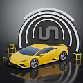 Yellow Sports Car 3D Render With Circular Logo And Yellow Cubes