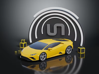 Yellow Sports Car 3D Render With Circular Logo And Yellow Cubes 3d model