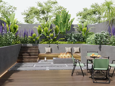Lush Courtyard Garden Design With Stone Steps Seating Area Fire Pit And Dining Table 3d model