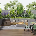 Lush Courtyard Garden Design With Stone Steps Seating Area Fire Pit And Dining Table