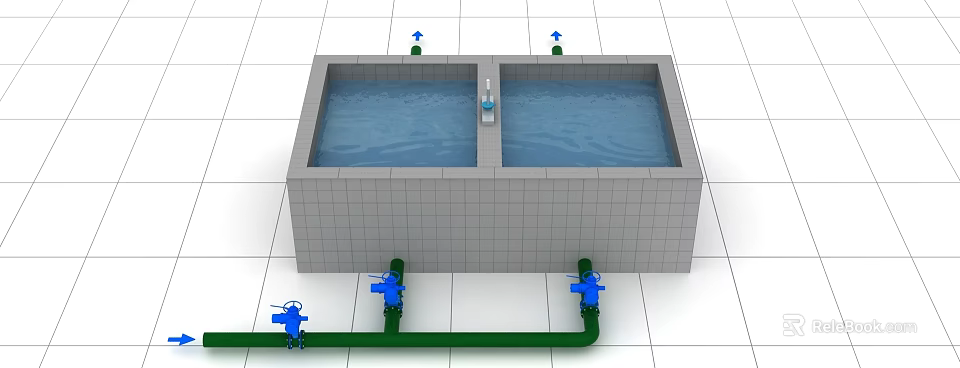 Garden Landscape Design With Twin Rectangular Water Pools Green Pipes And Blue Valves 3d model 