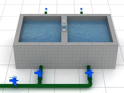 Garden Landscape Design With Twin Rectangular Water Pools Green Pipes And Blue Valves 3d model