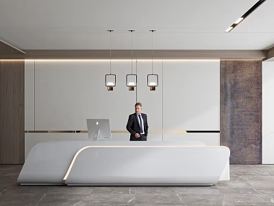 Modern Front Desk Reception Interior With Curved White Desk Professional Receptionist And Hanging Lighting Fixtures 3d model