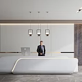 Modern Front Desk Reception Interior With Curved White Desk Professional Receptionist And Hanging Lighting Fixtures