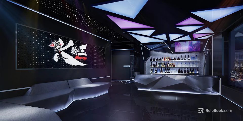 Modern KTV Interior With Geometric Ceiling Lighting Sofa Seating And Bar Counter 3d model