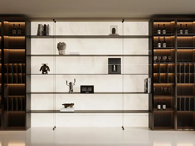 Modern Illuminated Wine Cabinet With Glass Shelves Wooden Frames And Wine Bottles 3d model