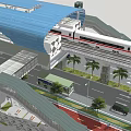 Modern Train Station With Blue Roof Train Passing Through Palm Trees And Road