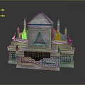 Scenic Landscape Featuring Ancient Stone Structure with Spires Triangular Window Carved Base and Black Drapery