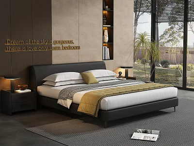 Cozy Warm Bedroom Interior With Black Bed White Sheets Yellow Pillow Bedside Lamps Large Windows 3d model