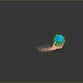 Man hand holding green polyhedron with orange particles splashing around