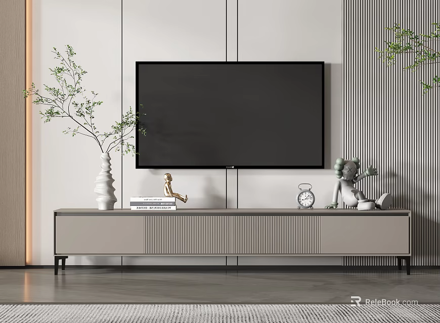 Sleek Modern TV Stand with Flat Screen TV and Decorative Items in Living Room 3d model 