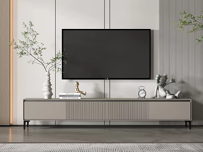 Sleek Modern TV Stand with Flat Screen TV and Decorative Items in Living Room 3d model