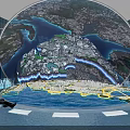 Interactive Giant Globe Model With Blue Lighting Effects And Yellow Lines Viewed By People 3d model