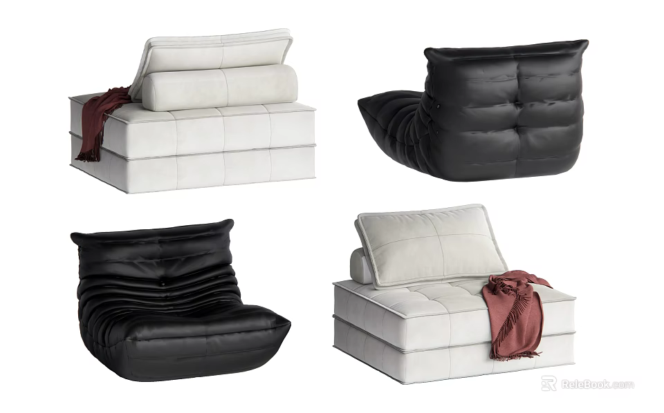 Modern Lazy Sofa Designs in White Black Leather with Soft Cushions 3d model