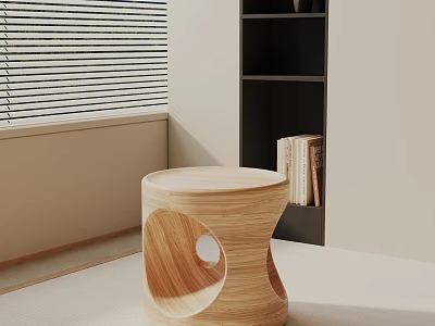 Natural Wood Side Table with Circular Cutout Next to Black Bookshelf and Window Blinds 3d model