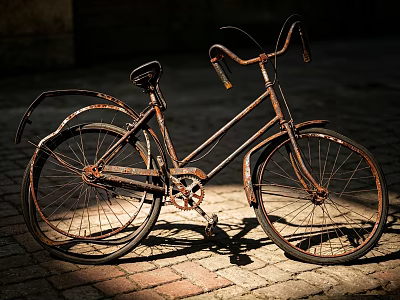 Rusty Bicycle With Weathered Frame On Brick Paved Ground Under Sunlight 3d model