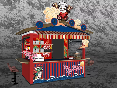 Vibrant Food Stall With Panda Decoration Cherry Blossoms And Striped Awning 3d model