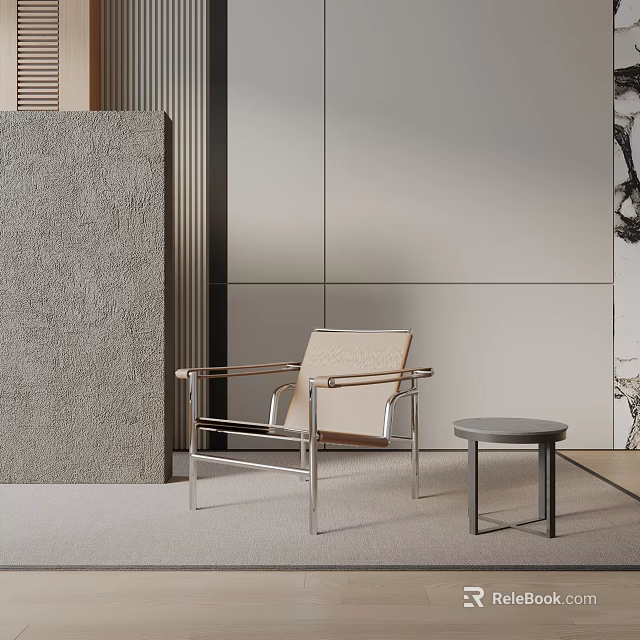 Modern Beige Leisure Chair With Metal Frame And Small Round Side Table In Minimalist Space 3d model 