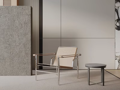 Modern Beige Leisure Chair With Metal Frame And Small Round Side Table In Minimalist Space 3d model