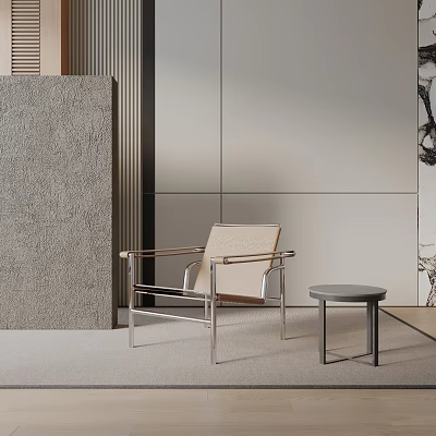 Modern Beige Leisure Chair With Metal Frame And Small Round Side Table In Minimalist Space 3d model
