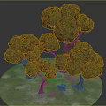Lush Green Trees with Rounded Spherical Canopies on Circular Grass Base with Stones and Animals