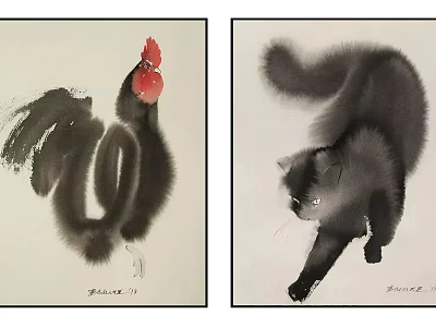 Traditional Chinese Ink Art Paintings Featuring Rooster and Black Cat 3d model