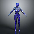 Futuristic Female Game Movie Character In Blue Metallic Armor With Sci Fi Design