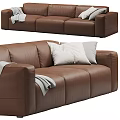 Brown Modern Three Seater Sofa With Gray Pillows And Throw Blanket 3d model