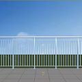 Outdoor Silver Metal Railing with Blue Sky Green Grass and Tile Floor